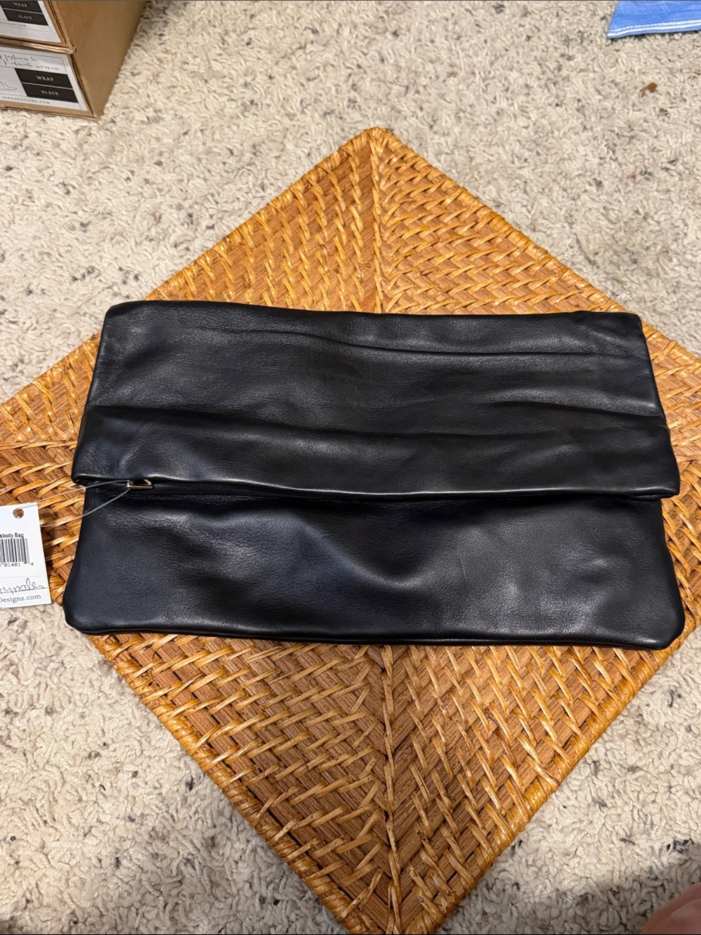 Sseko stunning elegant Black Fold-Over Leather Clutch/shoulder bag